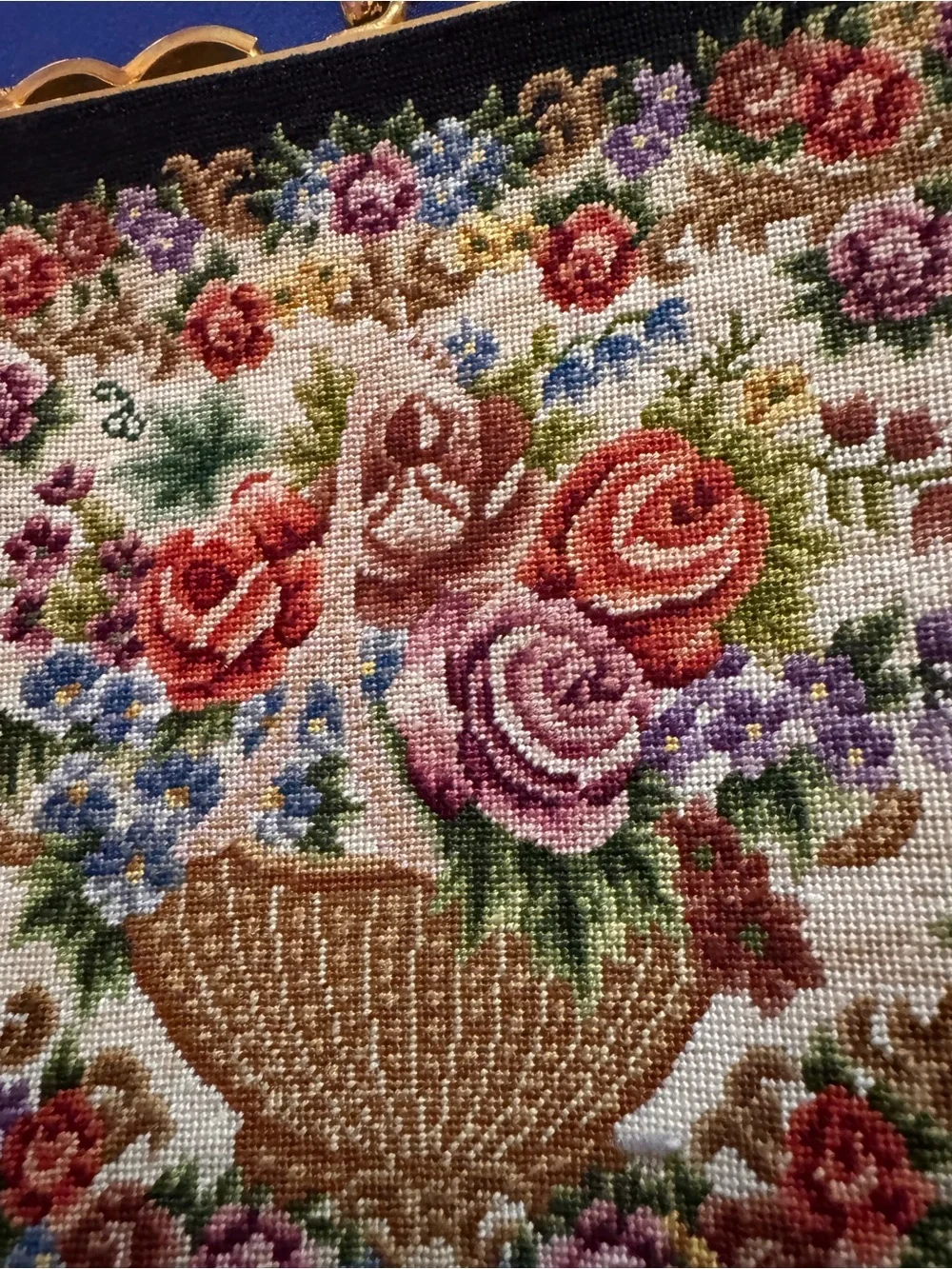 Vintage Needlepoint Floral  Purse Chain Mother of Pearl Detailed
